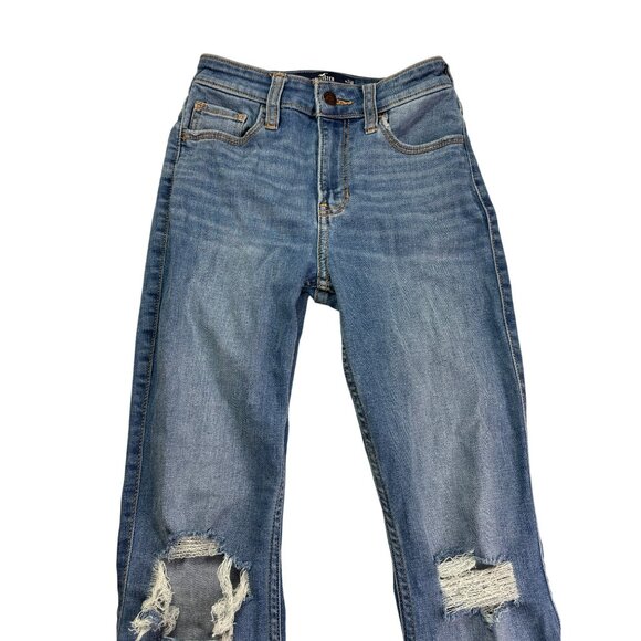 Hollister High Rise Flare Jeans Size 00R Medium Wash Distressed Ripped Knees - Picture 2 of 7